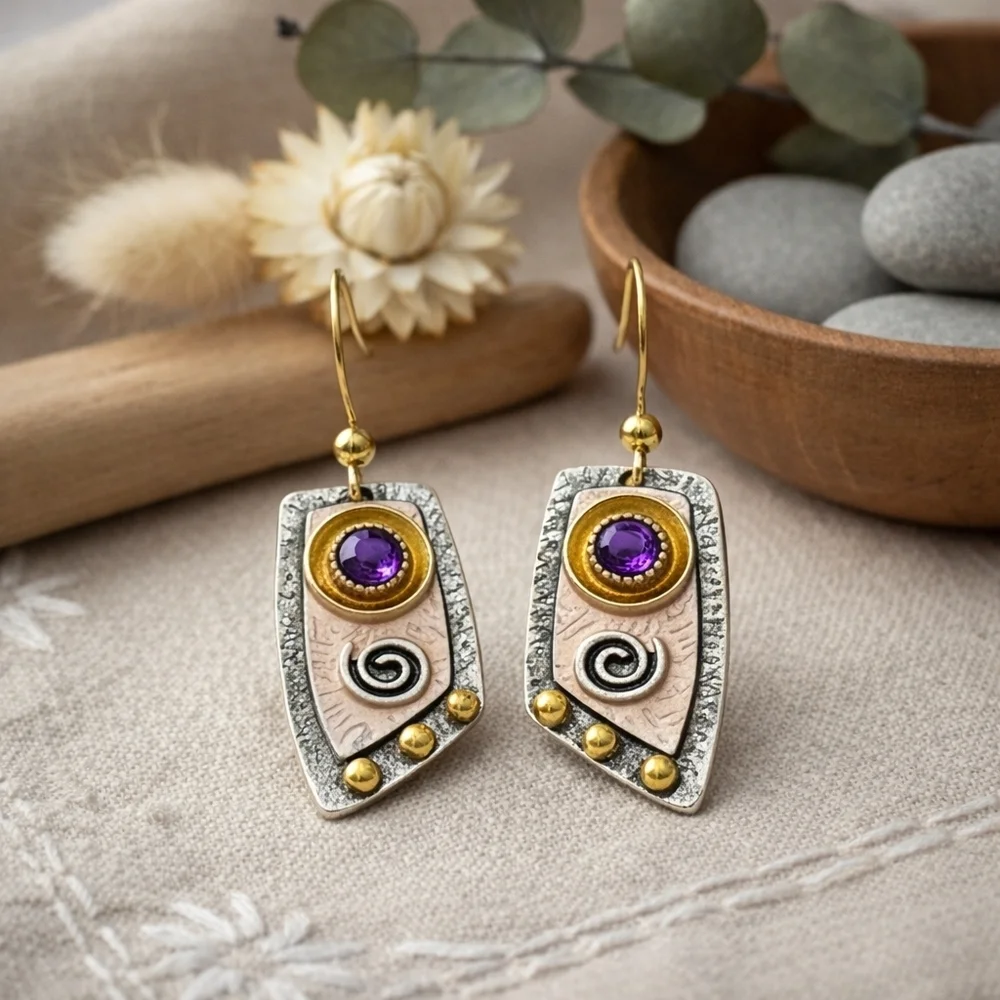 Boho Mixed Metal Purple Gem Spiral Drop Earrings Silver Plated Festival Jewelry